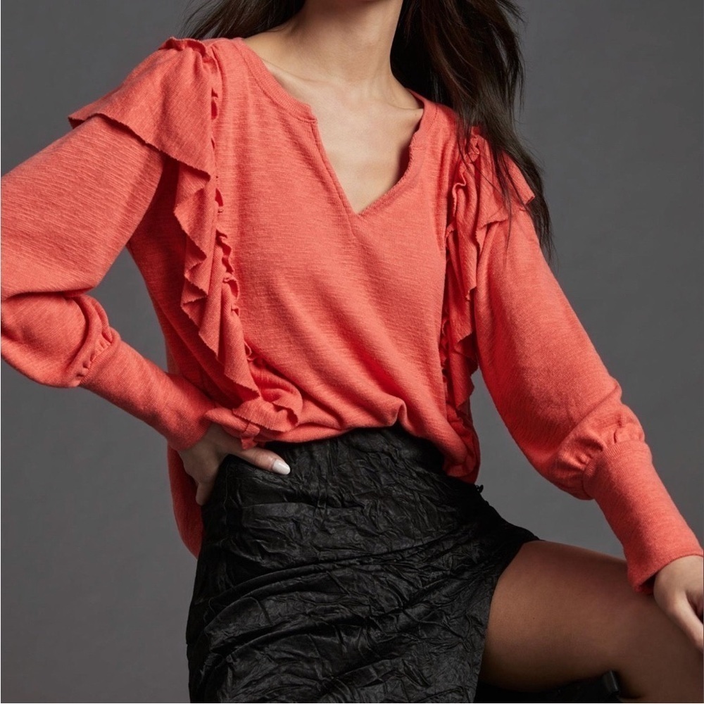 Anthropologie Pilcro Cozy Popover Top Ruffle Long Sleeve Split Neck Orange Large